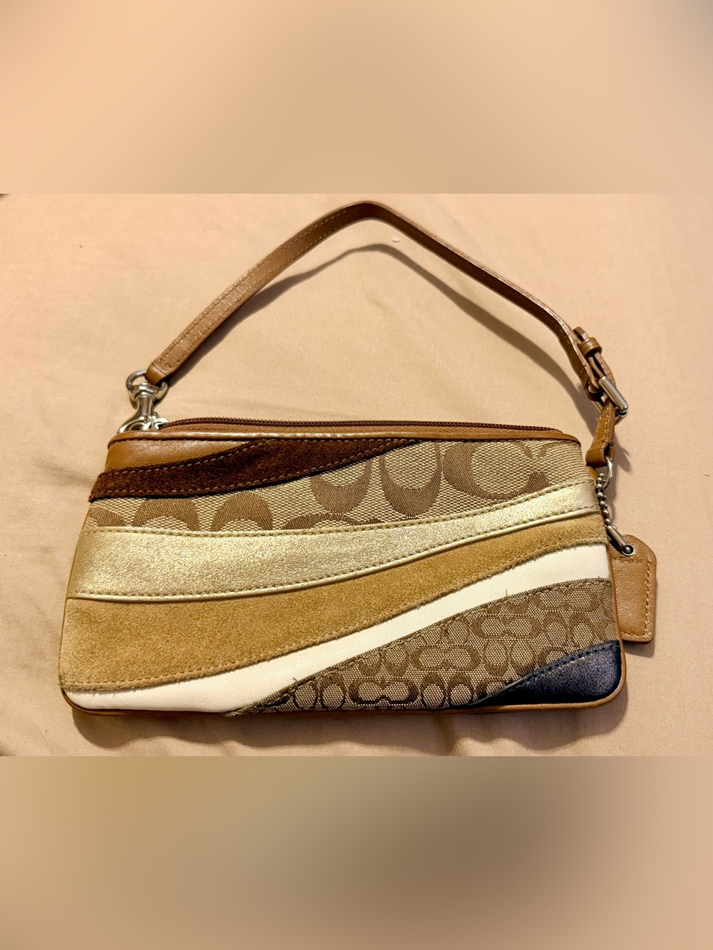Patchwork Neutral Wristlet Clutch in Brown and Cream